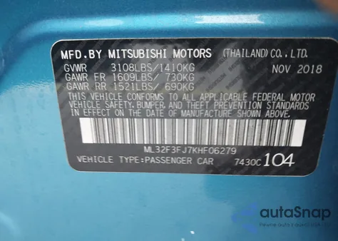 2019 Mitsubishi Mirage G4 Es z USA, uszkodzony, nr VIN ML32F3FJ7KHF06279
